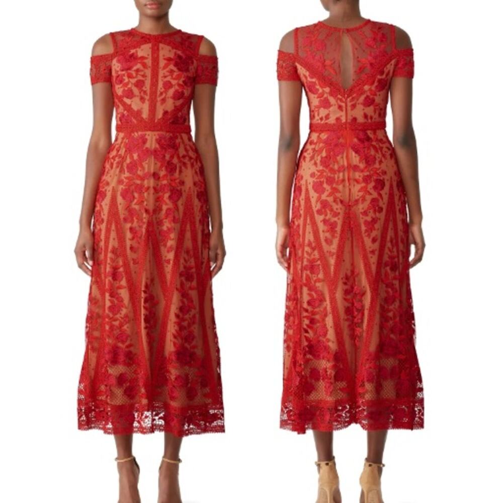 Marchesa Notte Embroidered Red Lace Tea Length Maxi Dress Womens 6
